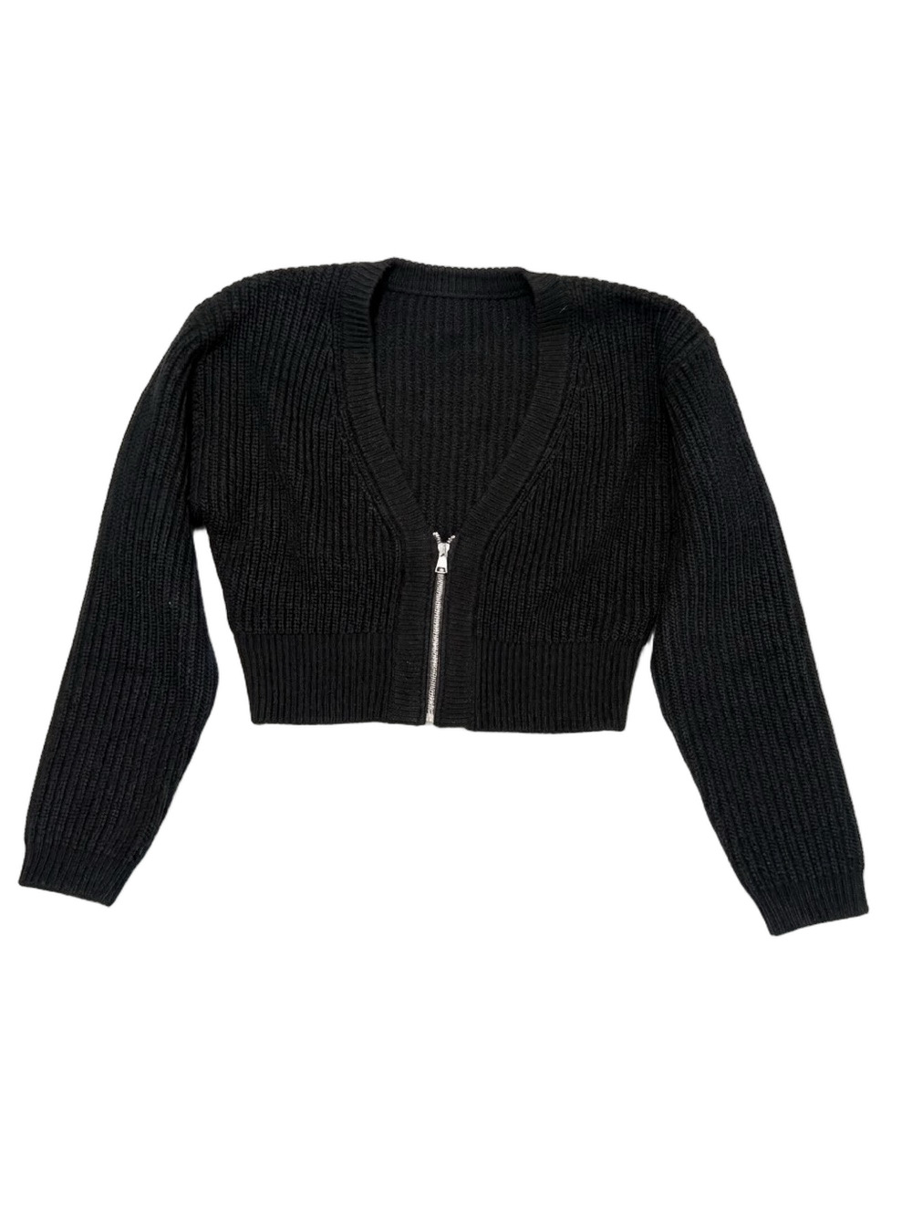 Zara Chunky Ribbed Knit Cropped Cardigan Black Batwing Sleeve Wool Blend XS
